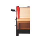 End of the Bonzini giant football table showing the red rail, handle and beech cabinet