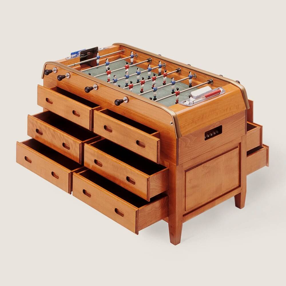 Bonzini Grand Tiroirs football table in cherry wood with twelve drawers pulled open