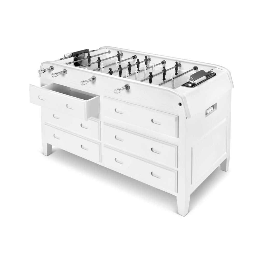 White lacquered twelve-drawer Grand Tiroirs football table with one drawer open