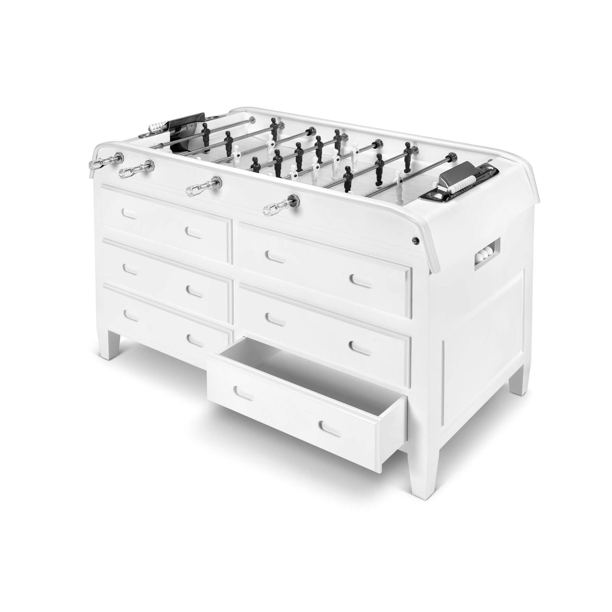 White Grand Tiroirs football table with the bottom drawers pulled out