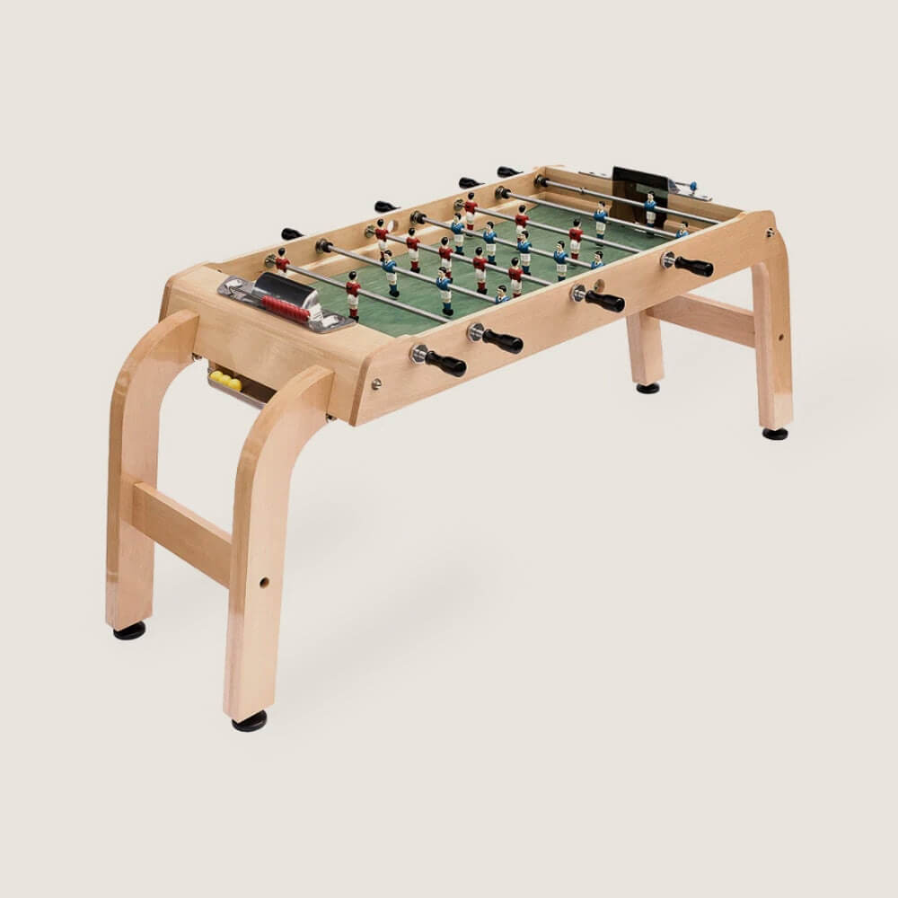 Competition version of the Bonzini wheelchair accessible football table with curved beech legs