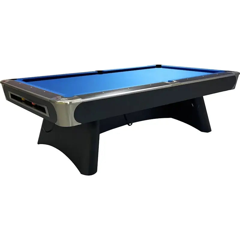 Buffalo Century Pro pool table at an angle showing the brushed aluminium rail