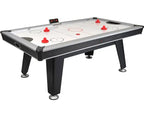 Buffalo Dominator 7ft air hockey table with slim black cabinet, white high-gloss playfield and red pushers