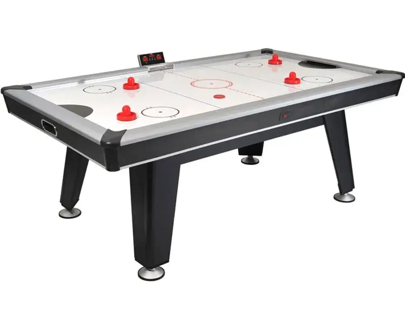 Buffalo Dominator 7ft air hockey table with slim black cabinet, white high-gloss playfield and red pushers