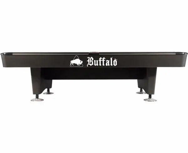 Side view of the Buffalo Dominator pool table showing the Buffalo branding and leg levellers