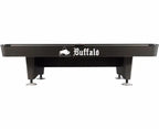 Side view of the Buffalo Dominator pool table showing the Buffalo branding and leg levellers