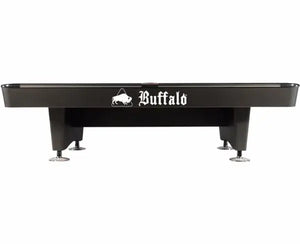 Side view of the Buffalo Dominator pool table showing the Buffalo branding and leg levellers