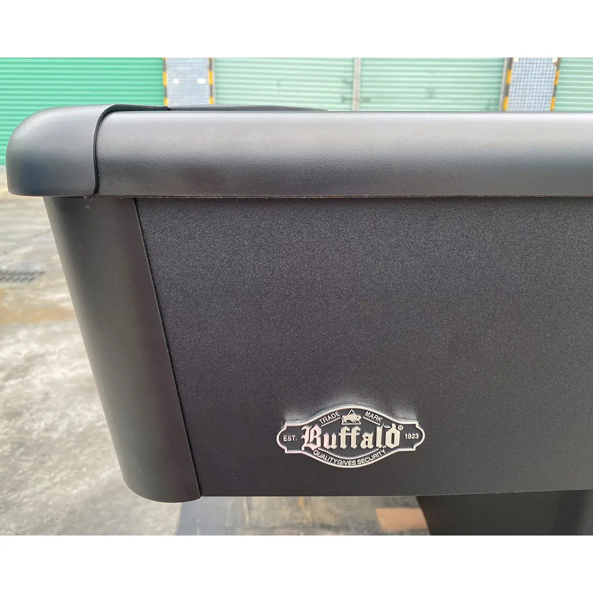 Close-up of the Buffalo Eliminator III matte black rail and Buffalo badge