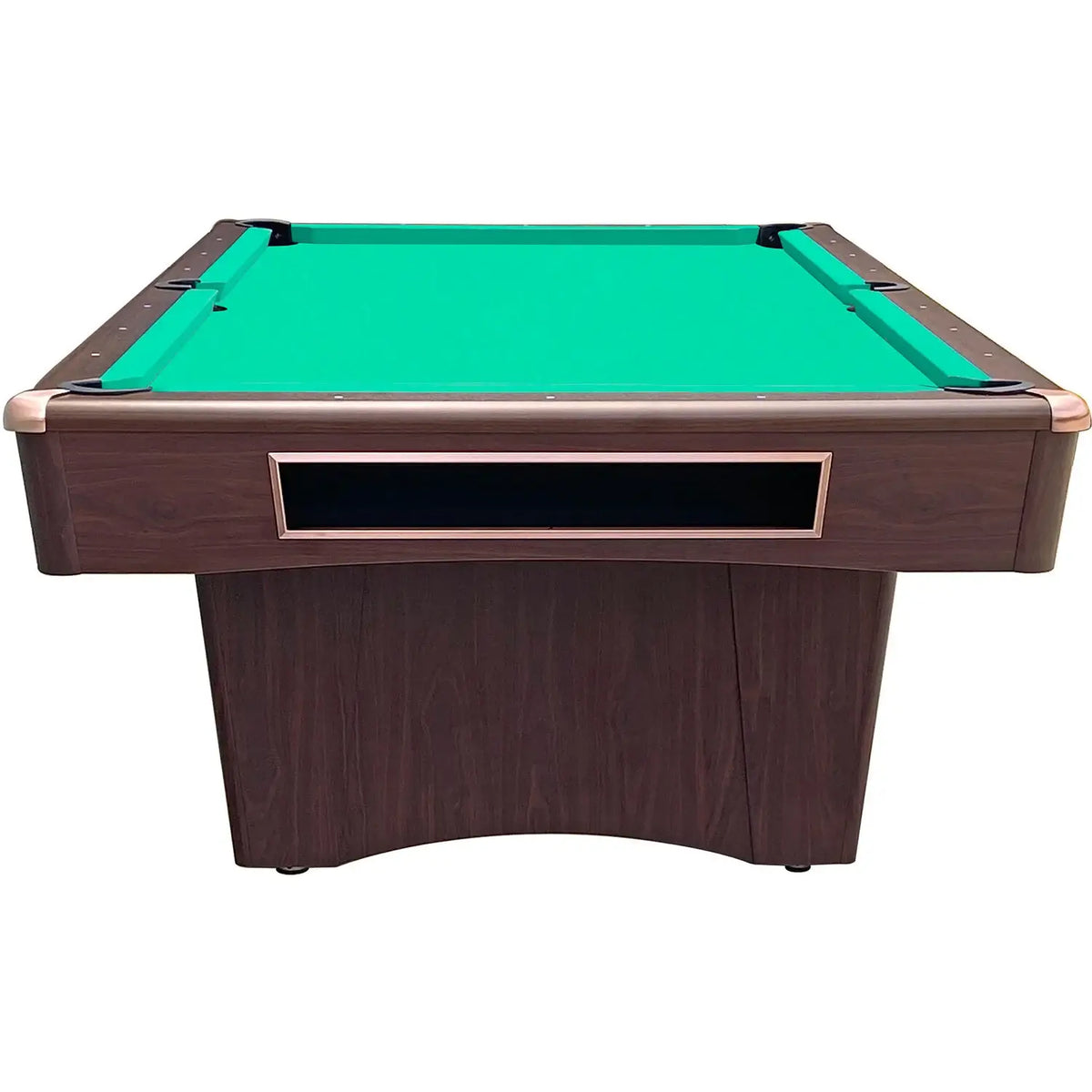 End view of the Buffalo Eliminator III in dark walnut showing the ball collection box