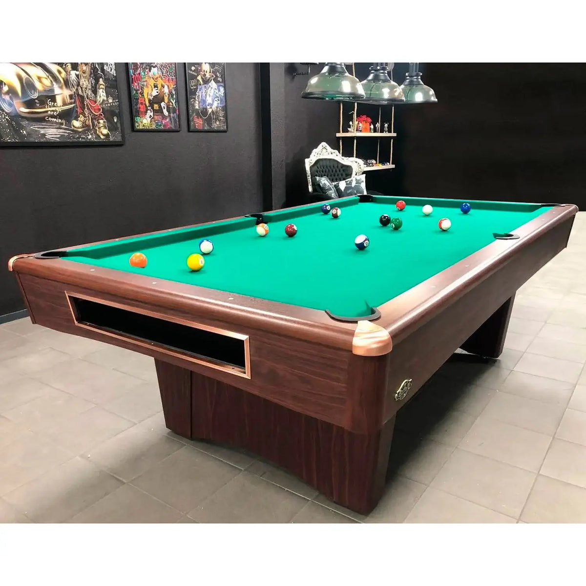 Buffalo Eliminator III in dark walnut with green cloth in a games room
