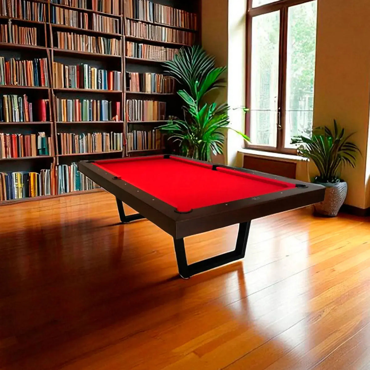 Buffalo Harlem pool table in Walnut with red cloth in a library room