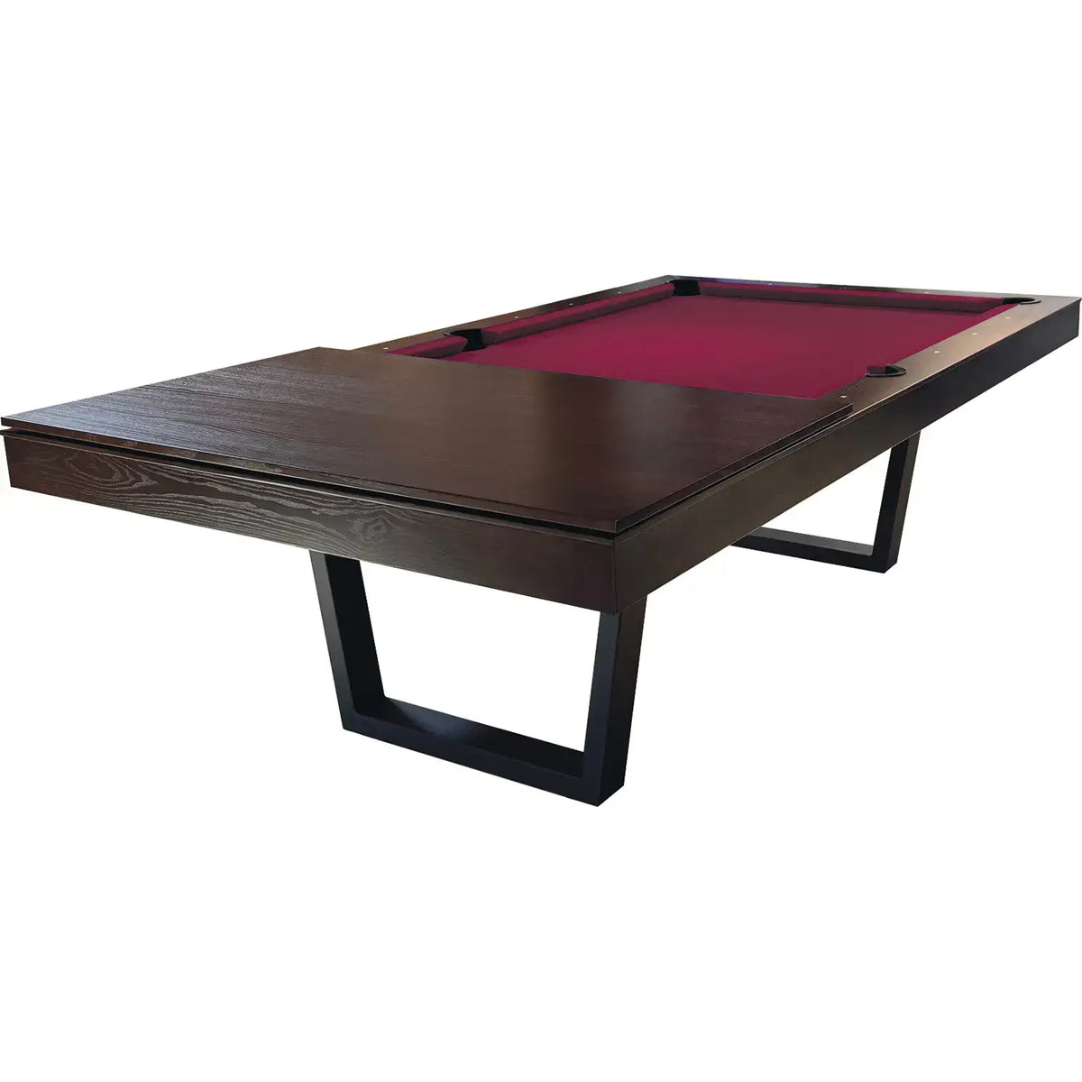 Buffalo Harlem American pool dining table in Walnut with red cloth and dining top section