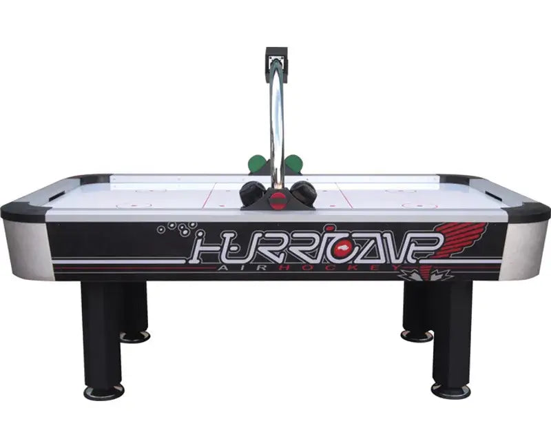 Side view of the Buffalo Hurricane II air hockey table showing the Hurricane graphics and black legs