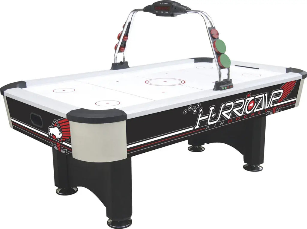 Buffalo Hurricane II 7ft air hockey table with white playing field and chrome overhead scoreboard