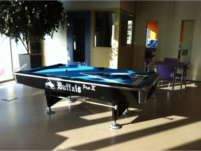 Buffalo Pro II pool table with blue cloth in a room with plants