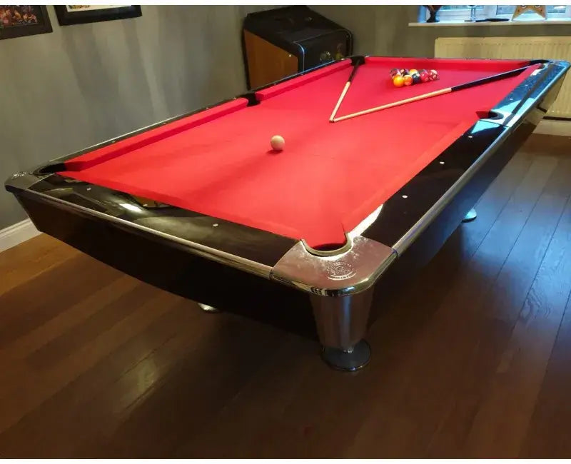 Buffalo Pro II pool table with red cloth, corner view showing the wide sport rail