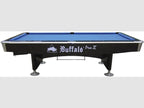 Buffalo Pro II American pool table in black gloss with blue cloth, side view