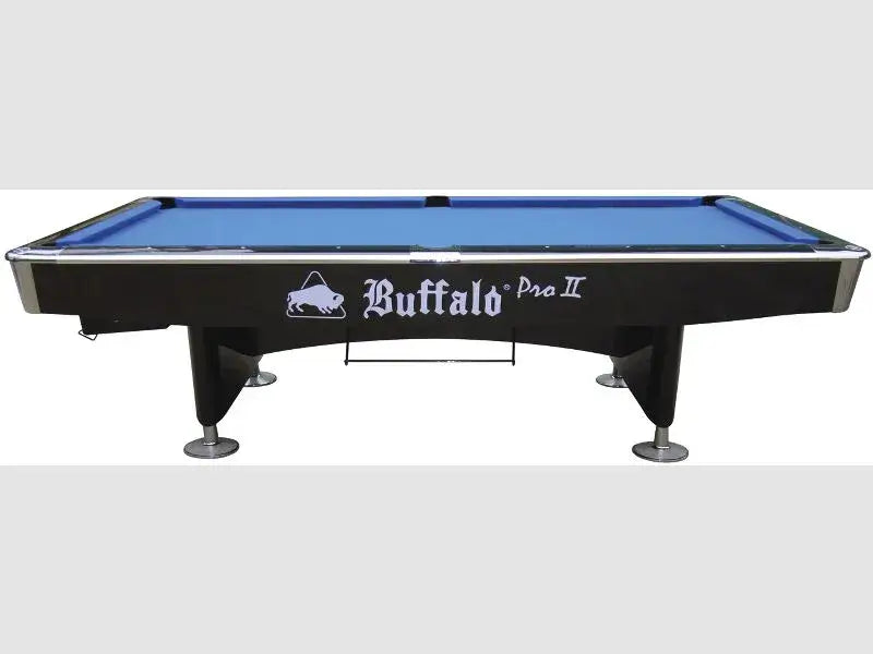 Buffalo Pro II American pool table in black gloss with blue cloth, side view