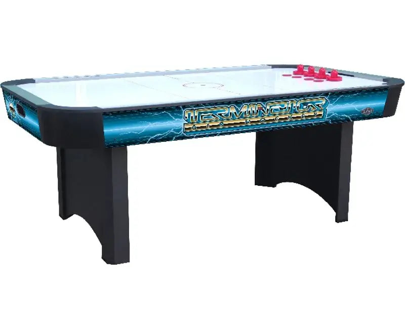Buffalo Terminator II 7ft air hockey table with blue graphics, white high-gloss playfield and red pushers