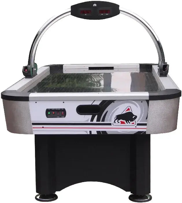 End view of the Buffalo Typhoon air hockey table showing the goal, Buffalo logo and overhead scoreboard