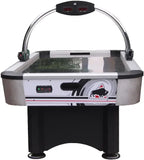 End view of the Buffalo Typhoon air hockey table showing the goal, Buffalo logo and overhead scoreboard