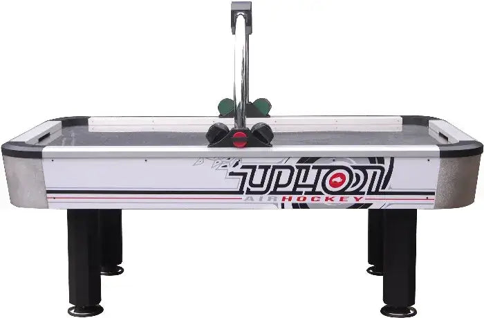 Side view of the Buffalo Typhoon air hockey table showing the Typhoon graphics and black legs