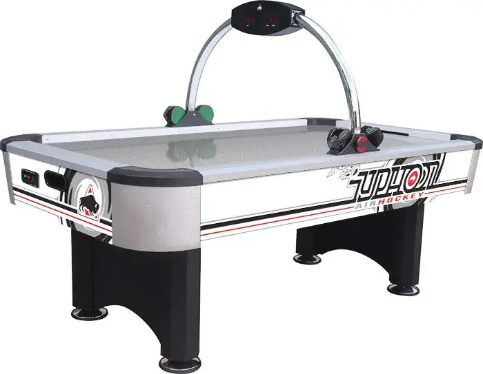 Buffalo Typhoon 7ft air hockey table with chrome overhead scoreboard and stainless steel playing field