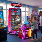 Bullseye Crack Shot DX shooting arcade machine in a UK seaside arcade with a child playing while a parent watches