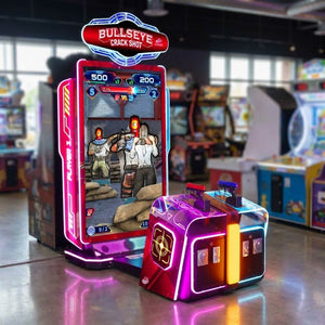 Bullseye Crack Shot DX shooting arcade machine glowing in a family entertainment centre