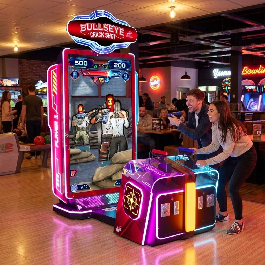Friends playing Bullseye Crack Shot DX at a bowling alley in the evening