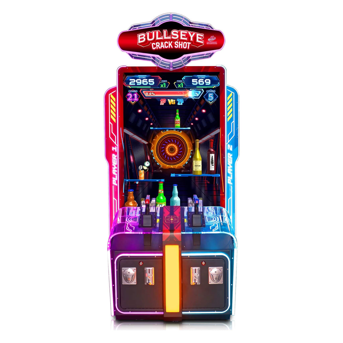 Bullseye Crack Shot DX front view showing a target and bottle shooting gallery on screen