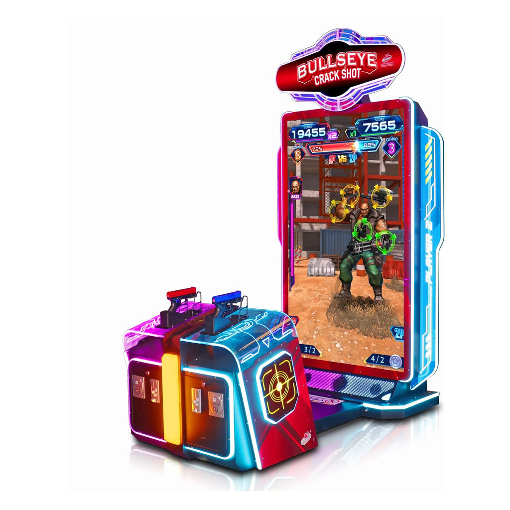 Bullseye Crack Shot DX shooting arcade machine from the side showing the gun console and LED-framed screen