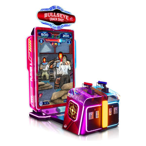 Bullseye Crack Shot DX two player shooting arcade machine with tall LED-framed screen and gun console