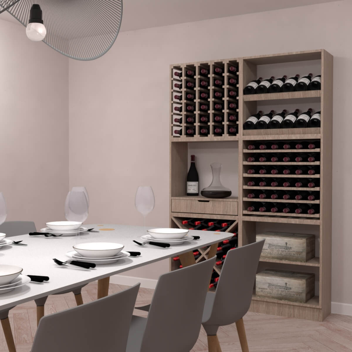 Caverack solid oak wine rack holding 144 bottles in two columns, with display shelves, a drawer and wine cases, beside a dining table