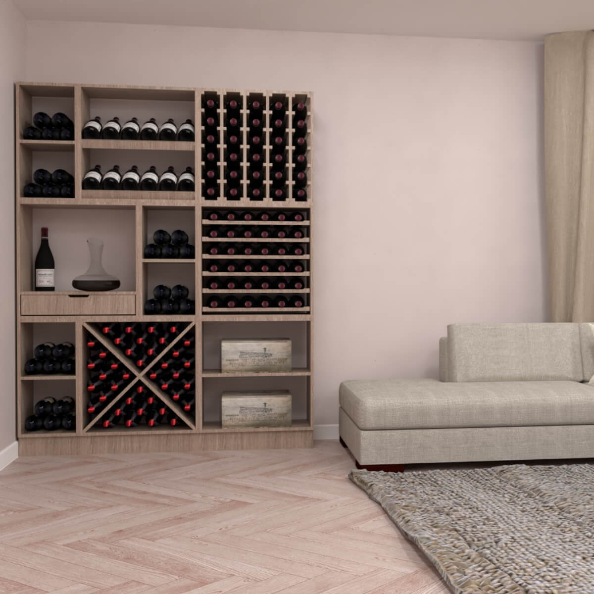 Caverack solid oak wine wall holding 210 bottles, with display shelves, a drawer, a cross-shaped rack and wine cases, in a living room
