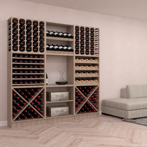 Caverack solid oak wine wall holding 234 bottles in three columns, with two cross-shaped racks, display shelves and wine cases, in a living room