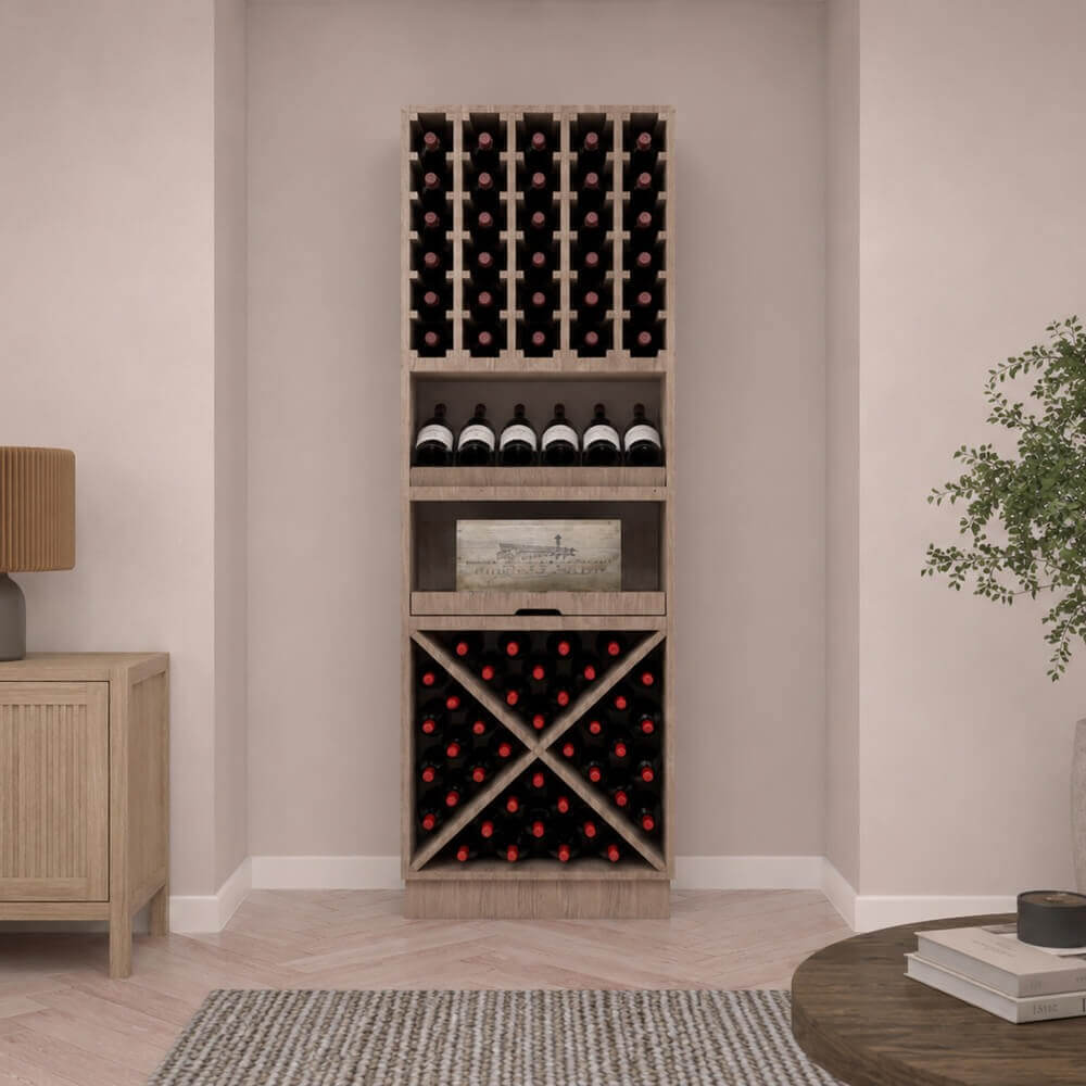 Caverack solid oak wine rack in an alcove, with bottle racks, a display shelf, a wine case shelf and a cross-shaped rack