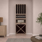 Caverack solid oak wine rack in an alcove, with bottle racks, a display shelf, a wine case shelf and a cross-shaped rack