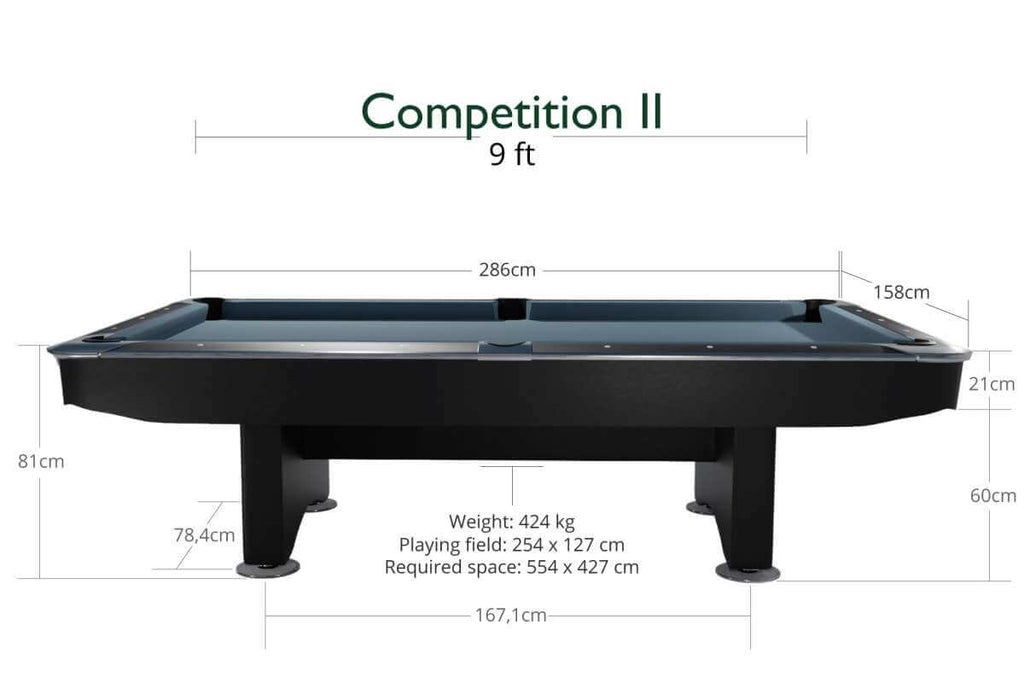 Dynamic Competition II 9ft American pool table in black matt, full-table view