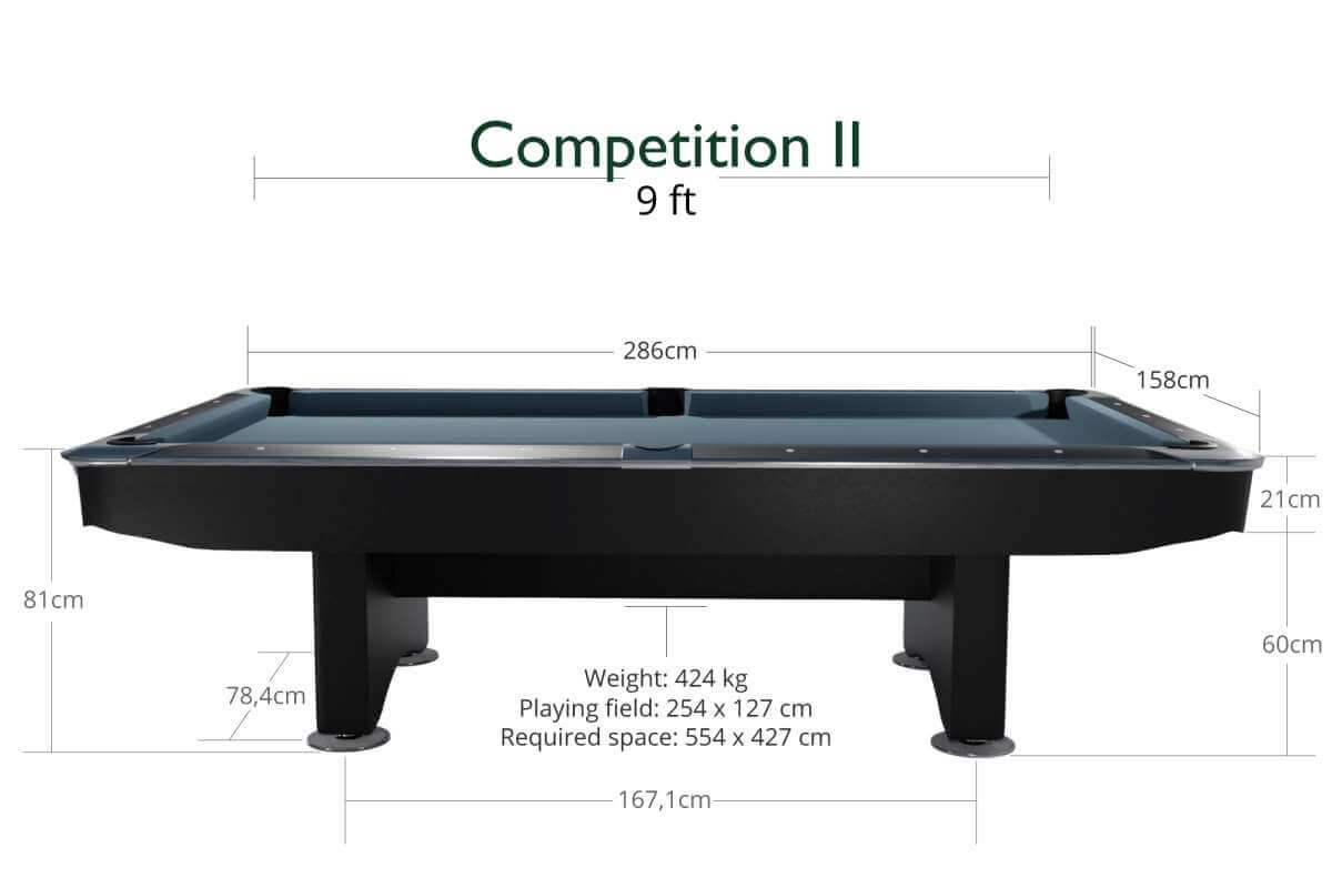 Dynamic Competition II 9ft American pool table in black matt, full-table view