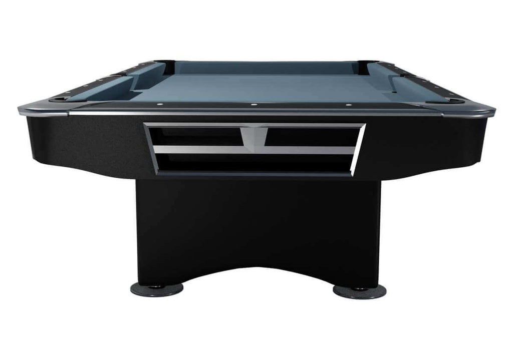 End view of the black matt Dynamic Competition II showing the chrome-trimmed ball storage tray built into the cabinet