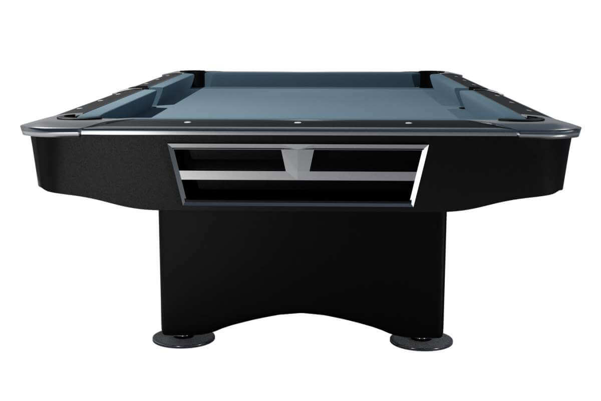 End view of the black matt Dynamic Competition II showing the chrome-trimmed ball storage tray built into the cabinet
