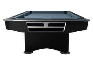 End view of the black matt Dynamic Competition II showing the chrome-trimmed ball storage tray built into the cabinet