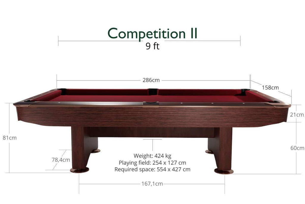 Dimensioned diagram of the Dynamic Competition II 9ft: 286 x 158cm table, 81cm high, 254 x 127cm playing field, 554 x 427cm room space required