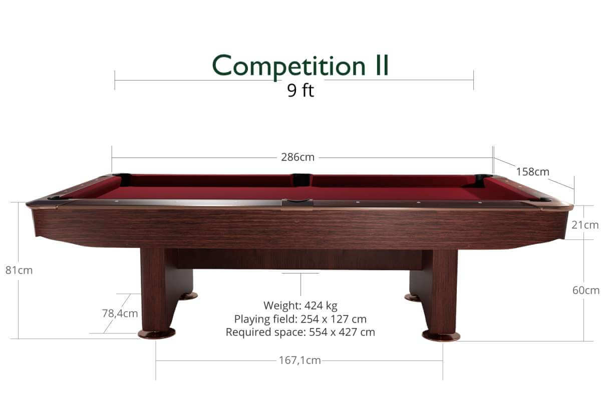 Dimensioned diagram of the Dynamic Competition II 9ft: 286 x 158cm table, 81cm high, 254 x 127cm playing field, 554 x 427cm room space required