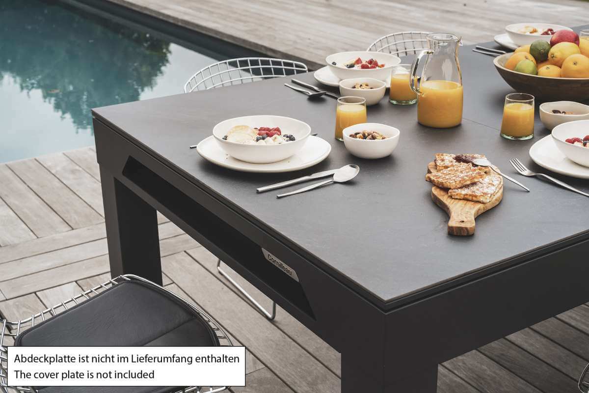 Cornilleau Classic Outdoor Pool Dining Table in Charcoal Grey frame outdoors, close angle on the playing surface