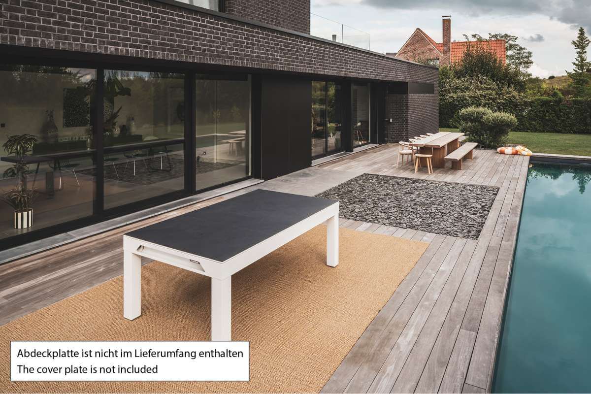 Cornilleau Classic Outdoor Pool Dining Table in White frame outdoors, alternate angle
