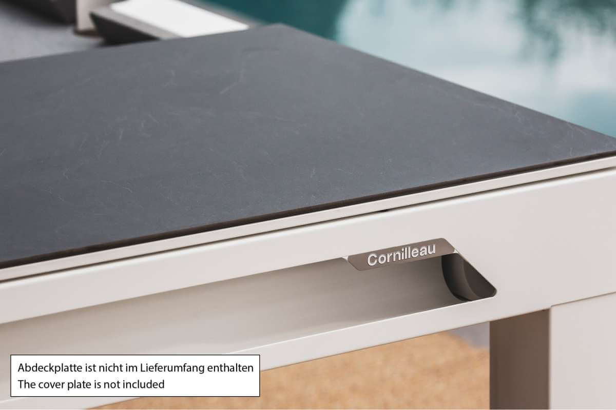 Cornilleau Classic Outdoor Pool Dining Table in White frame outdoors, close angle on the playing surface