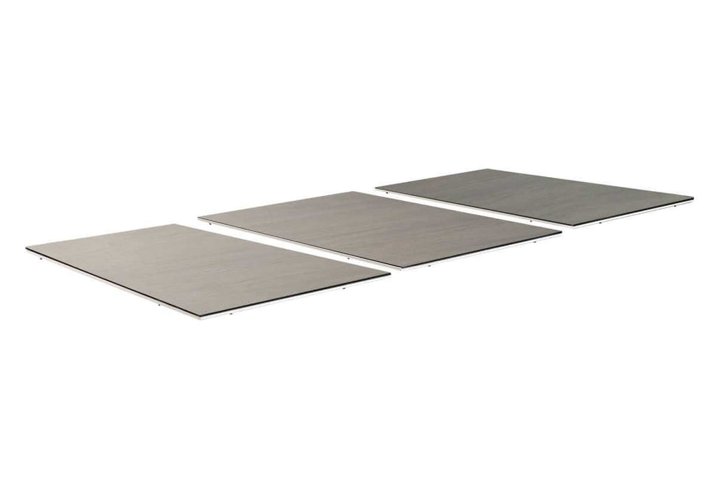 Cornilleau Classic Outdoor Pool Dining Table in White frame with the wood-effect dining tabletop fitted over the playing surface