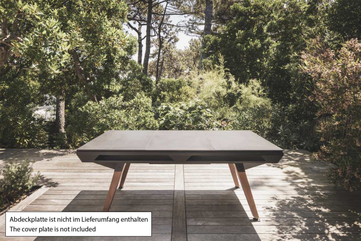 Black Cornilleau Origin outdoor pool table with the optional dining top cover plate fitted